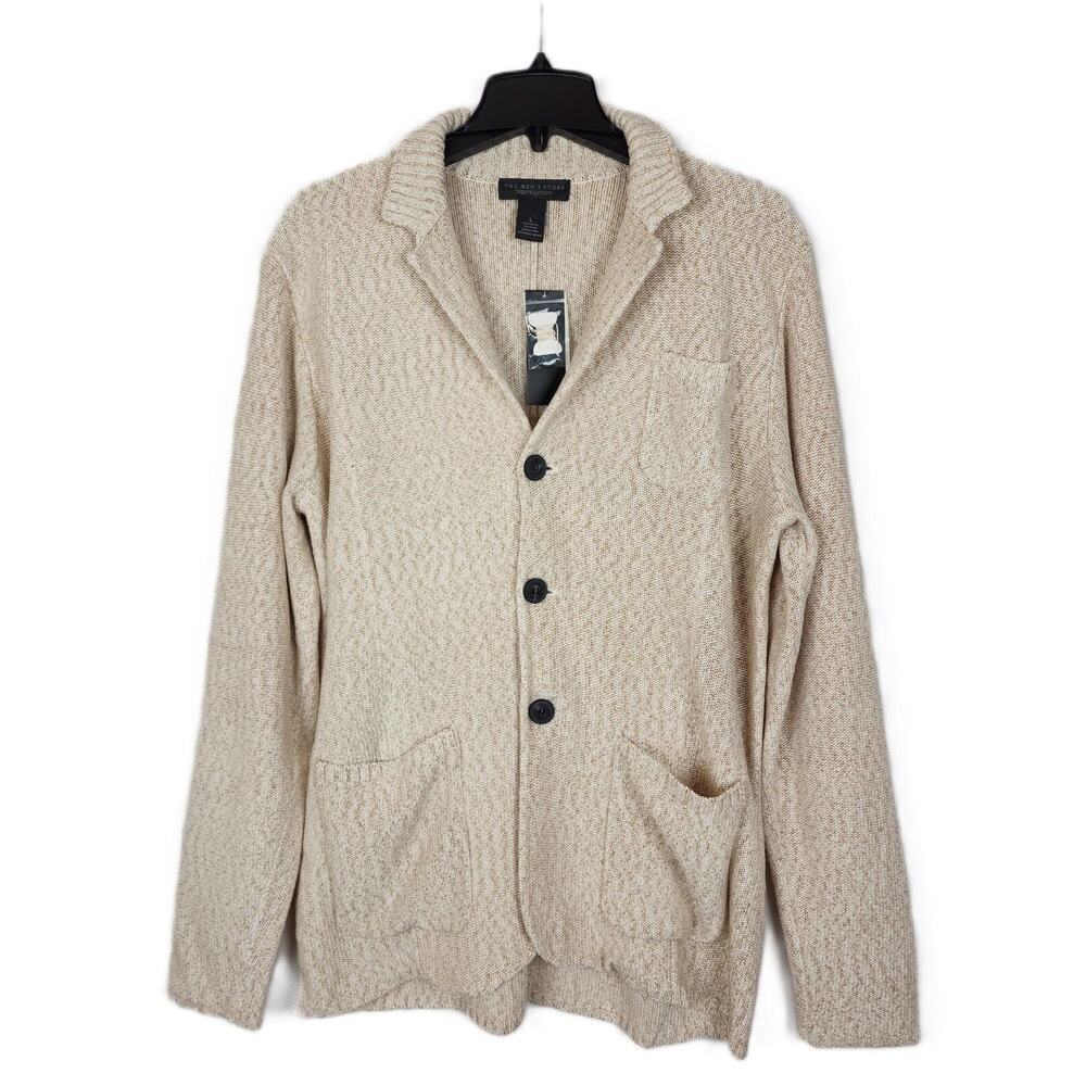 The Mens Store Cardigan Sweater Sz Large Sand White Melange Stretch Knit NWT